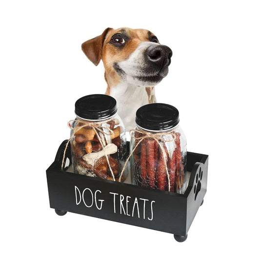 Dog Treat Container Pet Treat Holder with Glass Jars Farmhouse Dog Food Storage Organizer Airtight Dog Treat Bin Cat Dog Biscuit Dispenser Pet Accessories (Black - 2 Glass Jars)