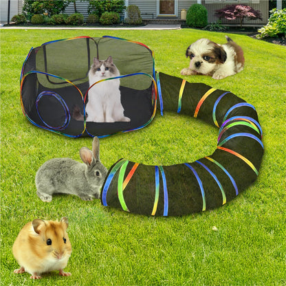 Outdoor 2-in-1 Cat Tunnel & Play Tent - Fun Enclosures Linked with 2 Big Zipper Doors Breathable Mesh Stays Cool Cat Tunnel Outdoor Indoor Playpen 2 in 1 Enclosure Tent